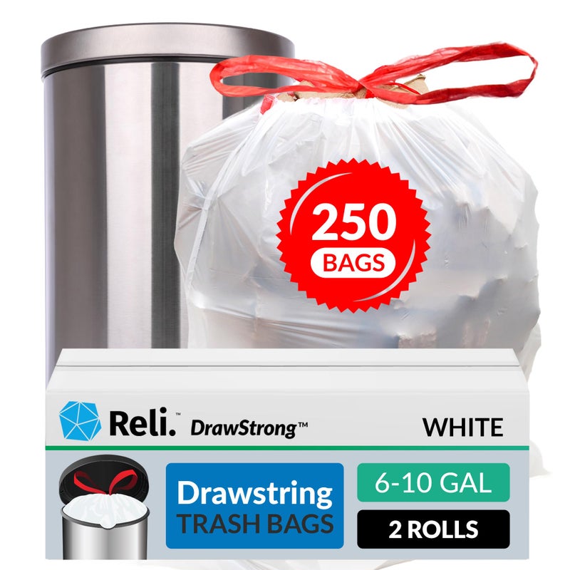 Reli. 6-10 Gallon Trash Bags Drawstring | 250 Count | 22"x23" | 6, 8, 10 Gallon Drawstring Garbage Bags | White Trash Can Liners | Small - Medium - Image 1